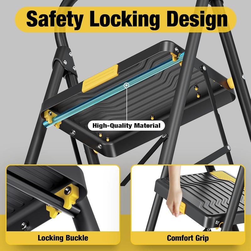 Urackify 3 Step Ladder, Heavy-Duty 800lb Capacity, Wide Anti-Slip Steps & Secure Handrail Compact, Folding Step Stool Portable Design for Home, Kitchen, Office, Pantry, Closet Use, Black - Image 5
